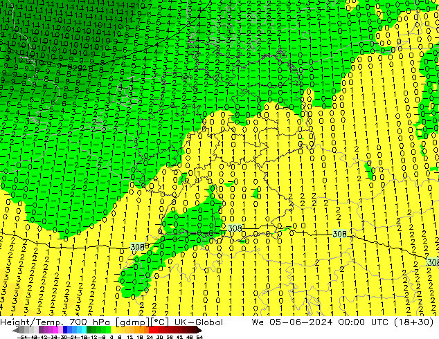 Height/Temp. 700 hPa UK-Global Qua 05.06.2024 00 UTC