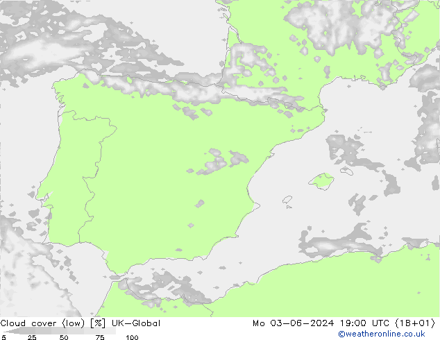 Cloud cover (low) UK-Global Mo 03.06.2024 19 UTC