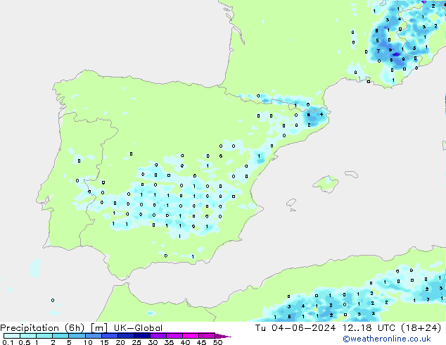 Precipitazione (6h) UK-Global mar 04.06.2024 18 UTC