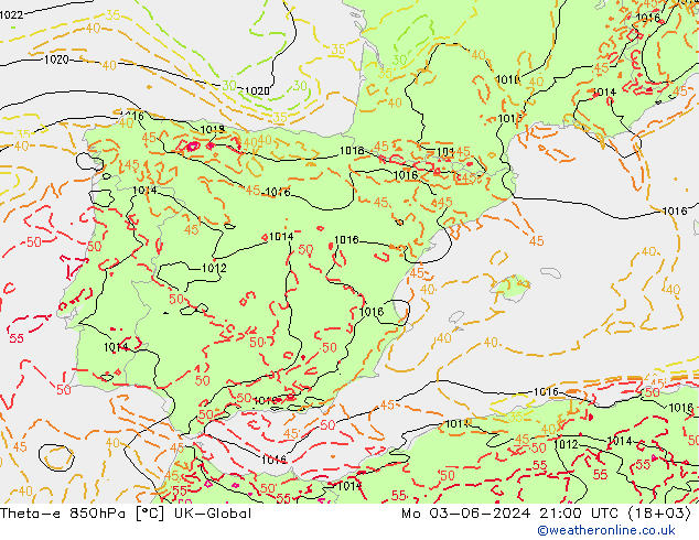Theta-e 850hPa UK-Global Mo 03.06.2024 21 UTC