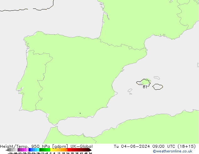 Hoogte/Temp. 950 hPa UK-Global di 04.06.2024 09 UTC