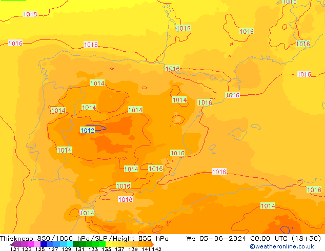 Thck 850-1000 hPa UK-Global We 05.06.2024 00 UTC