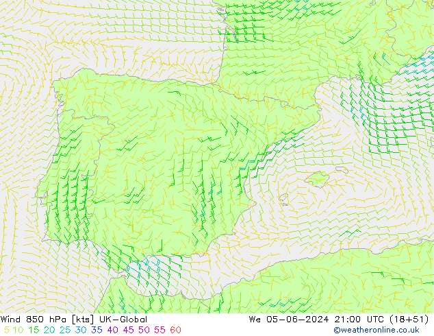 Wind 850 hPa UK-Global We 05.06.2024 21 UTC