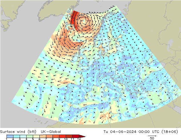 Viento 10 m (bft) UK-Global mar 04.06.2024 00 UTC