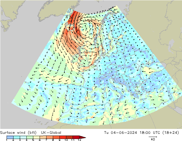 Bodenwind (bft) UK-Global Di 04.06.2024 18 UTC