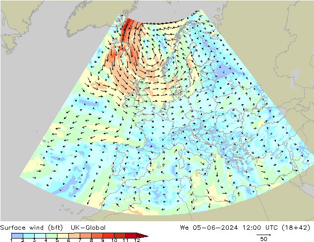 wiatr 10 m (bft) UK-Global śro. 05.06.2024 12 UTC