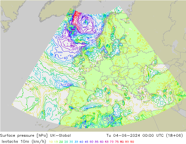 Isotachs (kph) UK-Global Út 04.06.2024 00 UTC