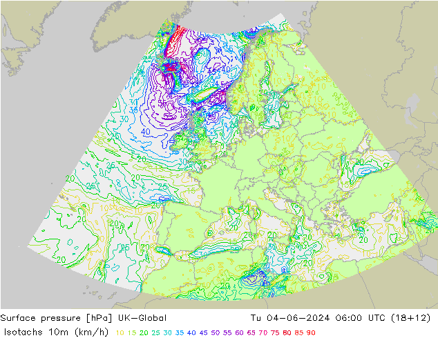 Isotachs (kph) UK-Global Tu 04.06.2024 06 UTC