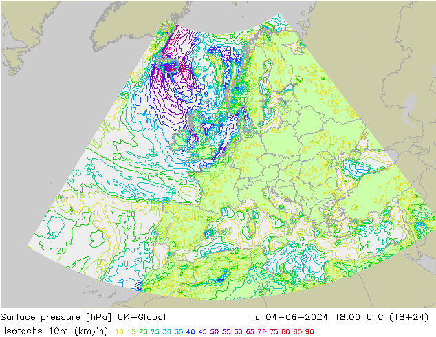 Isotachs (kph) UK-Global mar 04.06.2024 18 UTC