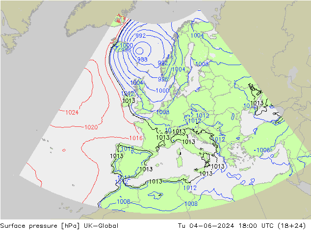 Surface pressure UK-Global Tu 04.06.2024 18 UTC