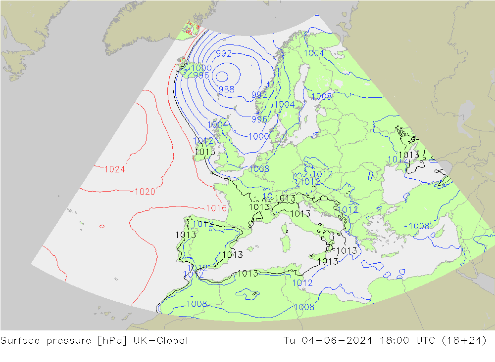 地面气压 UK-Global 星期二 04.06.2024 18 UTC