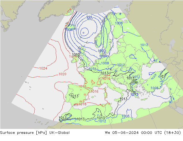 Pressione al suolo UK-Global mer 05.06.2024 00 UTC