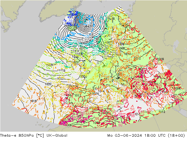 Theta-e 850hPa UK-Global Mo 03.06.2024 18 UTC