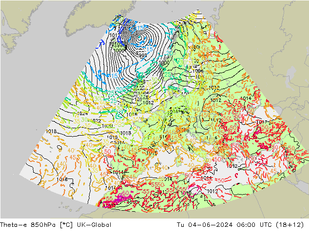 Theta-e 850hPa UK-Global di 04.06.2024 06 UTC