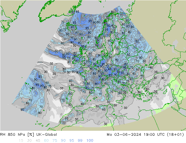 RH 850 гПа UK-Global пн 03.06.2024 19 UTC