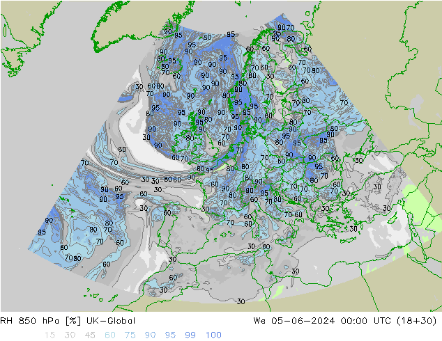 Humedad rel. 850hPa UK-Global mié 05.06.2024 00 UTC