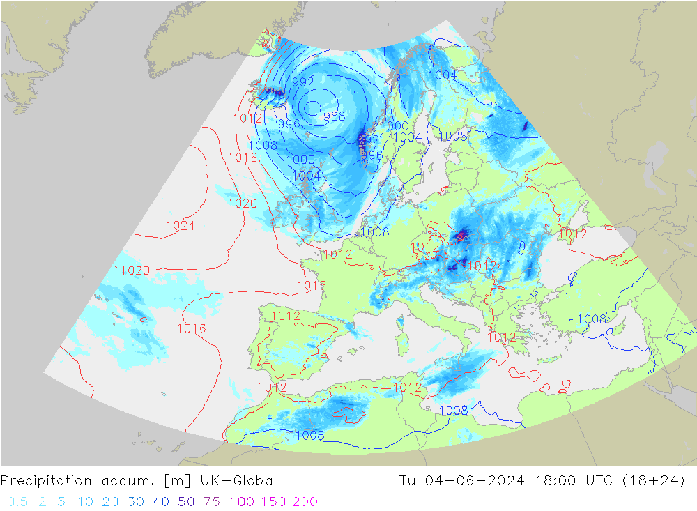 Precipitation accum. UK-Global 星期二 04.06.2024 18 UTC
