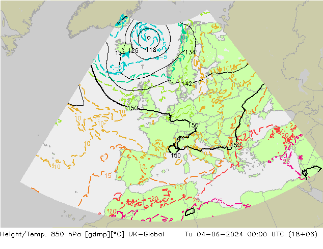 Height/Temp. 850 hPa UK-Global Út 04.06.2024 00 UTC