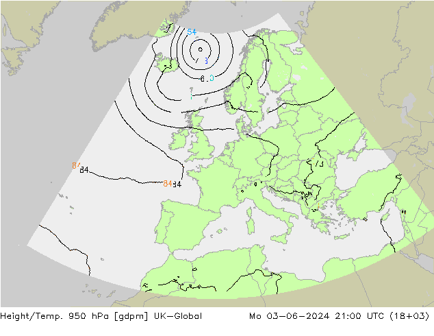 Height/Temp. 950 hPa UK-Global Mo 03.06.2024 21 UTC
