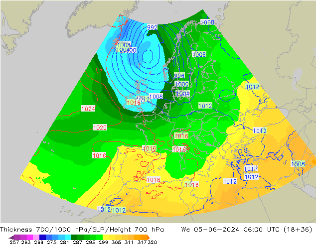 Espesor 700-1000 hPa UK-Global mié 05.06.2024 06 UTC