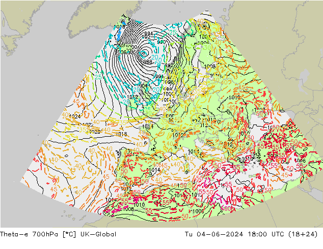 Theta-e 700hPa UK-Global mar 04.06.2024 18 UTC
