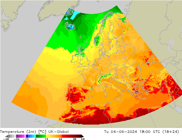Temperatuurkaart (2m) UK-Global di 04.06.2024 18 UTC
