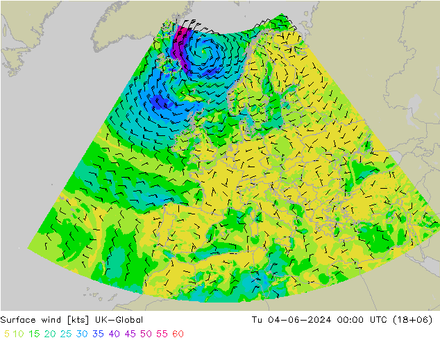 Surface wind UK-Global Út 04.06.2024 00 UTC