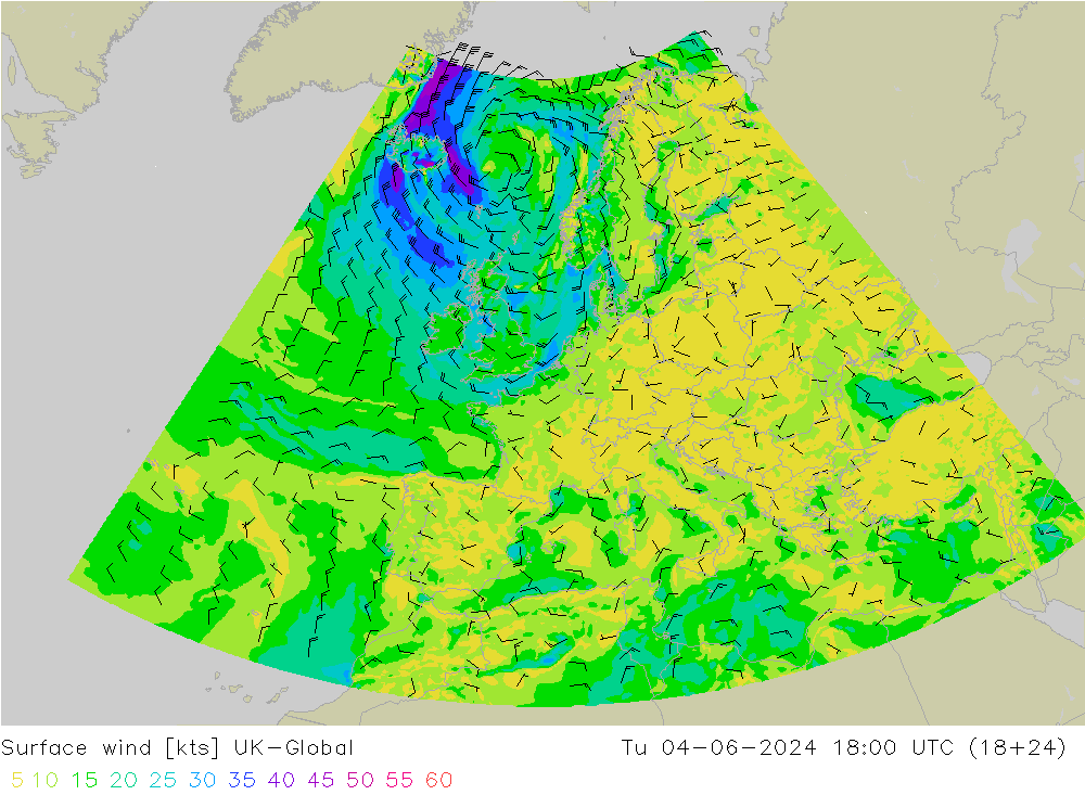 Surface wind UK-Global Út 04.06.2024 18 UTC