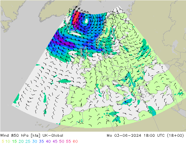 Wind 850 hPa UK-Global Mo 03.06.2024 18 UTC