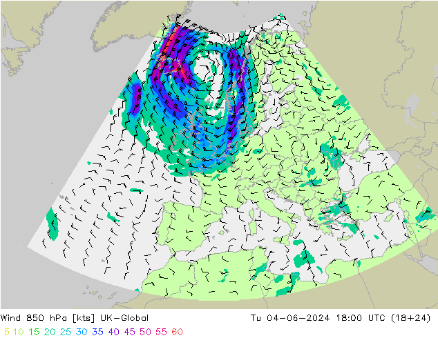 Viento 850 hPa UK-Global mar 04.06.2024 18 UTC