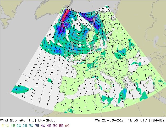 Wind 850 hPa UK-Global We 05.06.2024 18 UTC