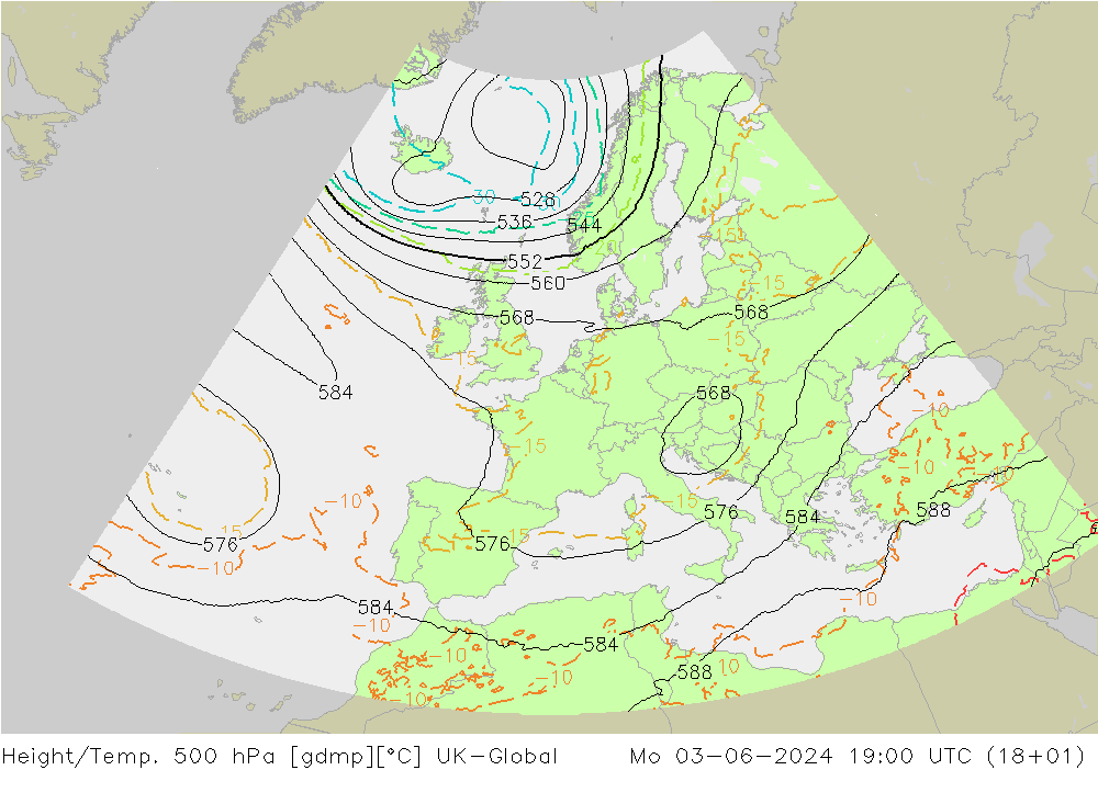 Height/Temp. 500 hPa UK-Global lun 03.06.2024 19 UTC