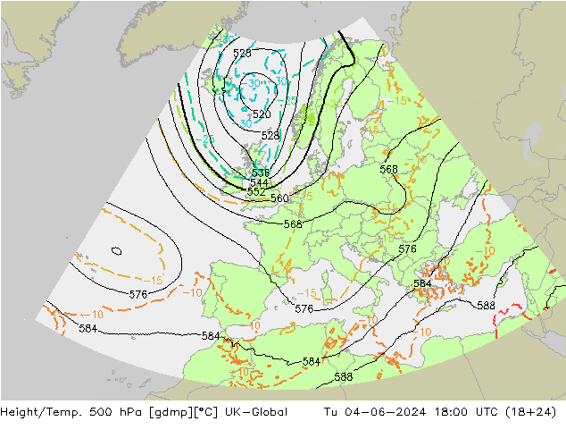 Height/Temp. 500 hPa UK-Global Út 04.06.2024 18 UTC