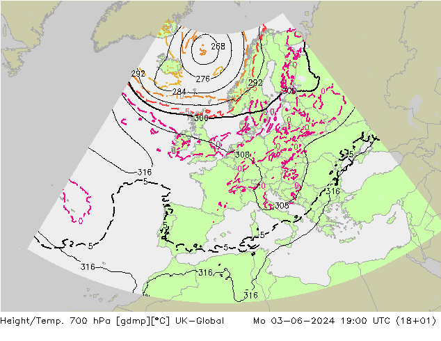 Height/Temp. 700 hPa UK-Global Mo 03.06.2024 19 UTC