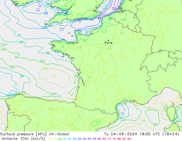 Isotachs (kph) UK-Global mar 04.06.2024 18 UTC