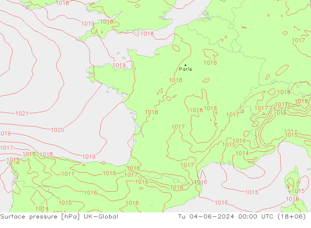 Surface pressure UK-Global Tu 04.06.2024 00 UTC