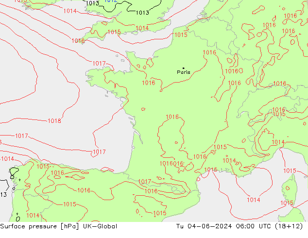 Surface pressure UK-Global Tu 04.06.2024 06 UTC