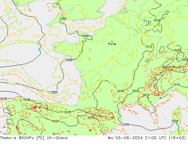 Theta-e 850hPa UK-Global lun 03.06.2024 21 UTC