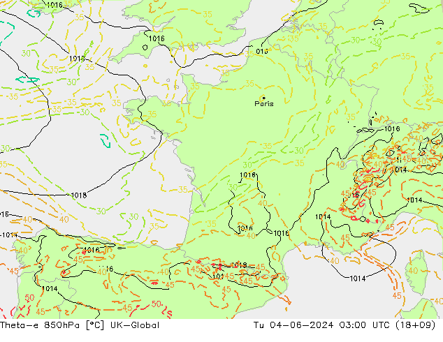 Theta-e 850гПа UK-Global вт 04.06.2024 03 UTC