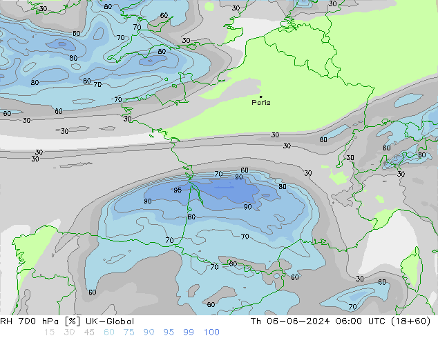 RH 700 hPa UK-Global Čt 06.06.2024 06 UTC