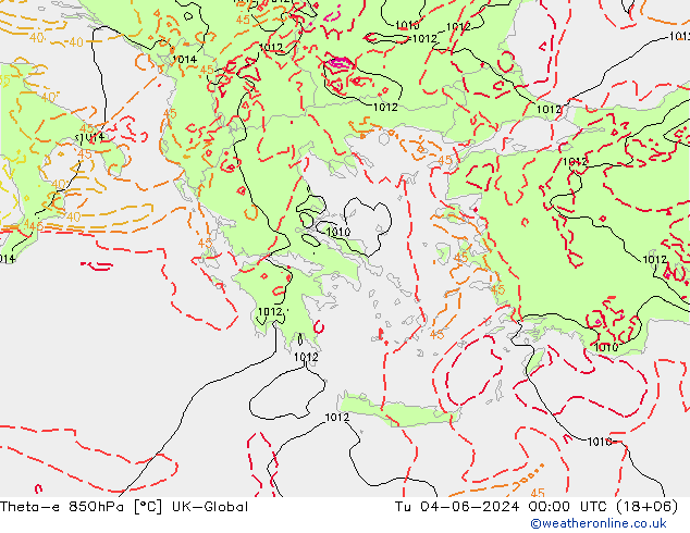 Theta-e 850гПа UK-Global вт 04.06.2024 00 UTC