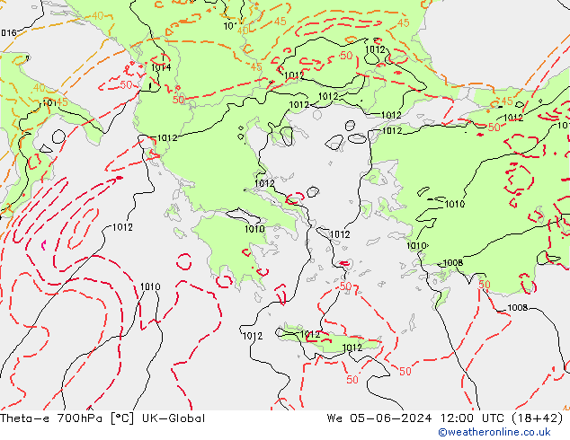 Theta-e 700hPa UK-Global śro. 05.06.2024 12 UTC