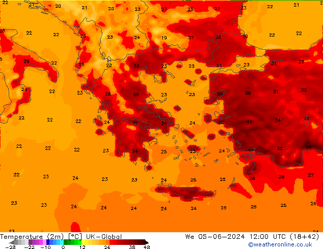 Temperatura (2m) UK-Global Qua 05.06.2024 12 UTC