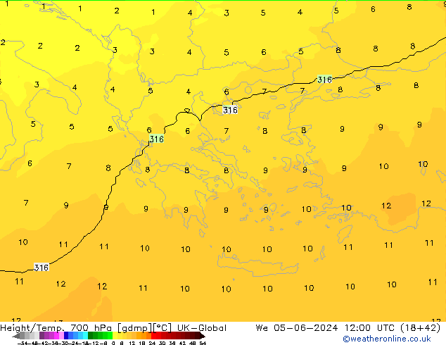 Height/Temp. 700 hPa UK-Global Qua 05.06.2024 12 UTC