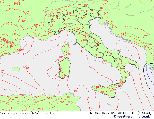 Pressione al suolo UK-Global gio 06.06.2024 06 UTC