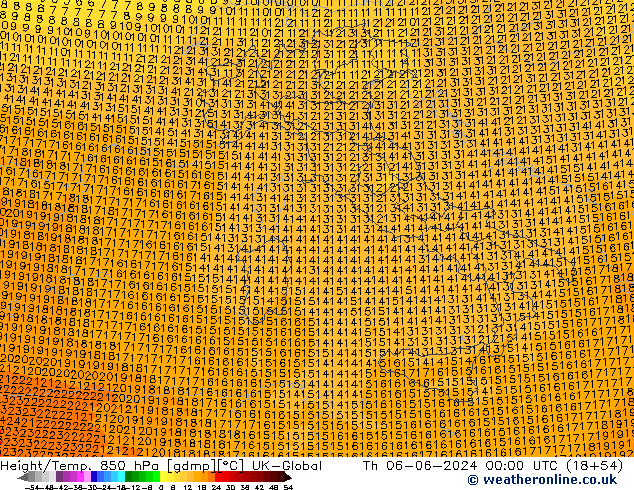 Height/Temp. 850 hPa UK-Global gio 06.06.2024 00 UTC