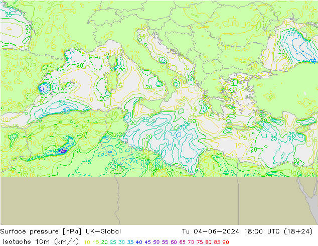 Isotachs (kph) UK-Global  04.06.2024 18 UTC