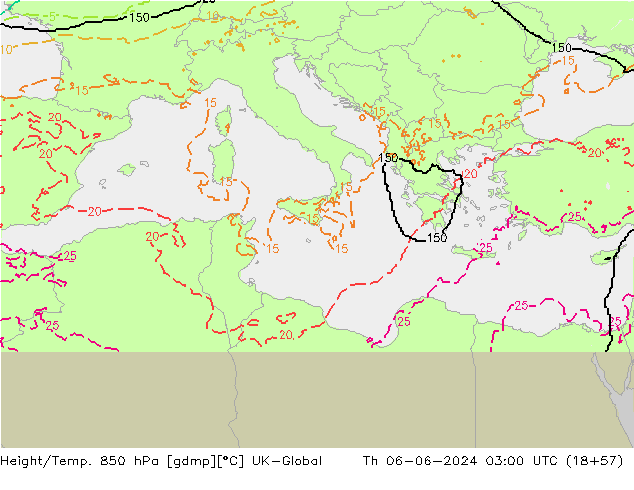 Geop./Temp. 850 hPa UK-Global jue 06.06.2024 03 UTC