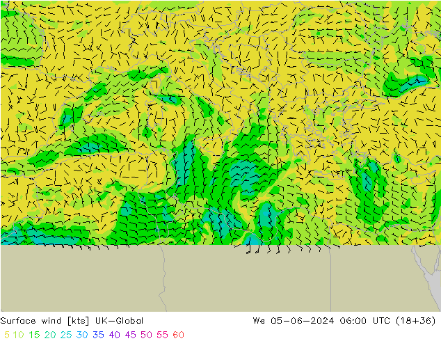 Surface wind UK-Global We 05.06.2024 06 UTC