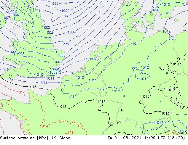 Surface pressure UK-Global Tu 04.06.2024 14 UTC